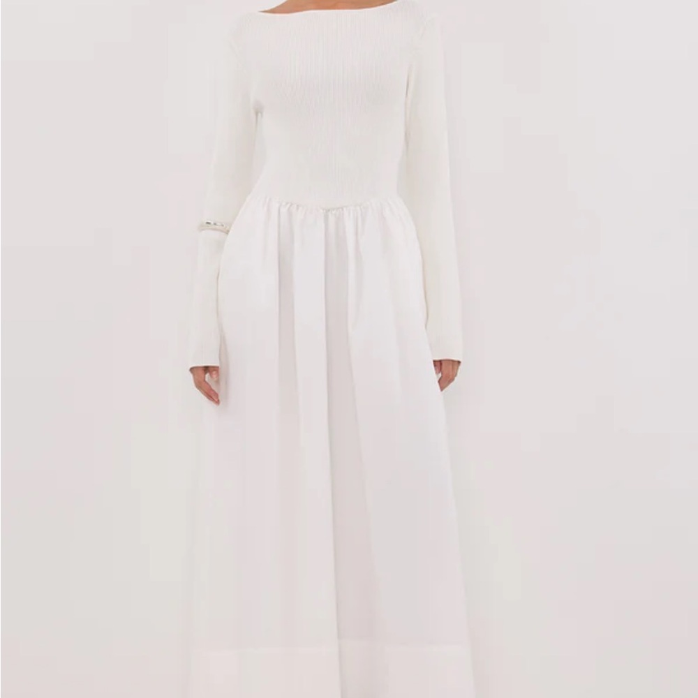 DISSH ABIGAIL WHITE HYBRID LONG SLEEVE MIDI DRESS